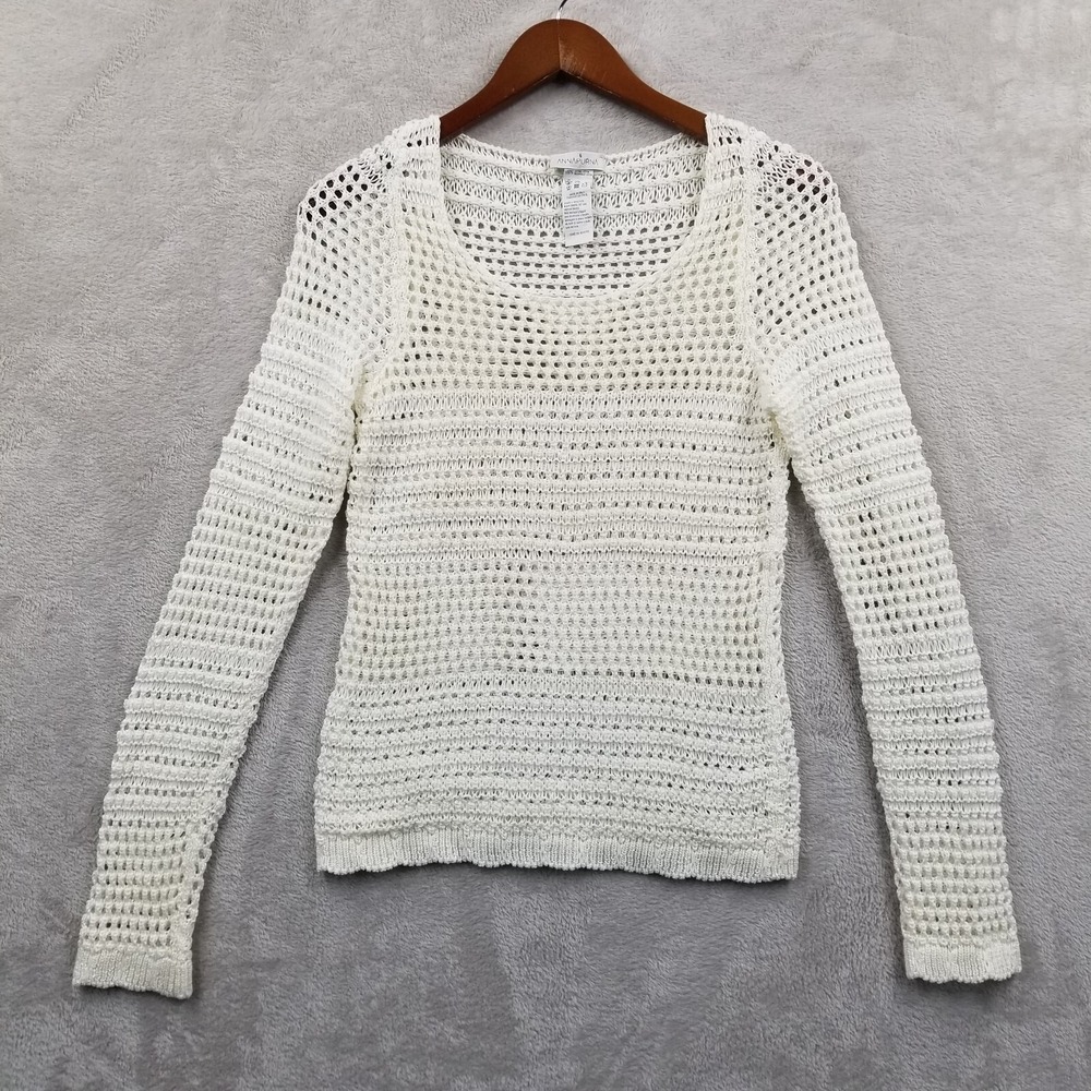 Annapurna Sweater Women S Cotton Ivory Crochet Open Knit Scoop Neck Italy Beachy